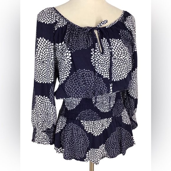 Daniel Rainn Blue White Floral 3/4 Sleeve Boho Blouse Size M - Picture 3 of 6